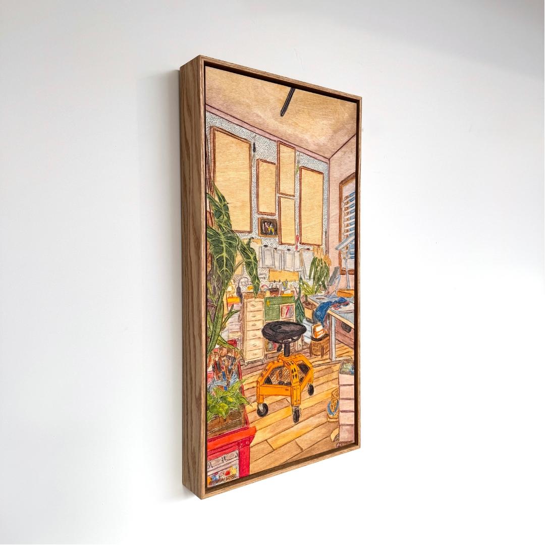 Atelier by Kean Onn See, original acrylic painting on carved plywood depicting the artist's studio with a favourite chair and painting materials.