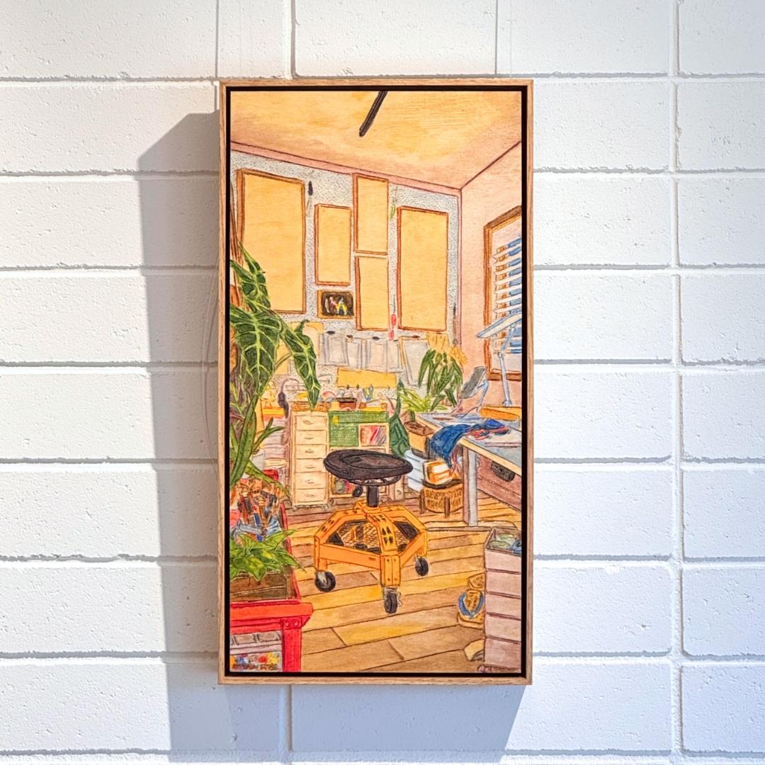 Atelier by Kean Onn See, original acrylic painting on carved plywood depicting the artist's studio with a favourite chair and painting materials.