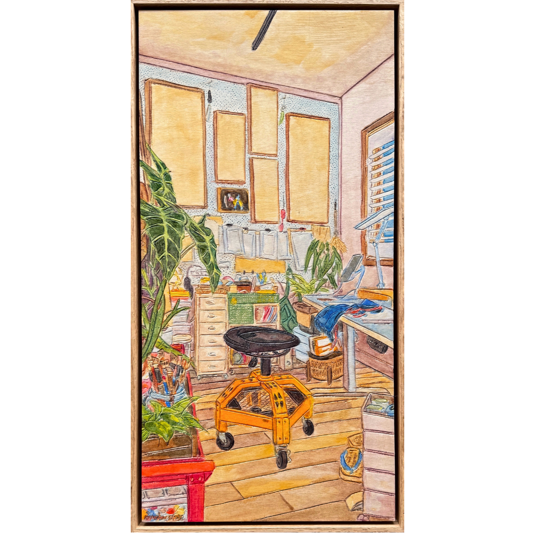 Atelier by Kean Onn See, original acrylic painting on carved plywood depicting the artist's studio with a favourite chair and painting materials.