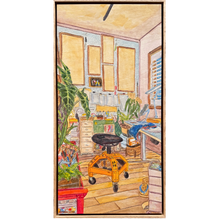 Atelier by Kean Onn See, original acrylic painting on carved plywood depicting the artist's studio with a favourite chair and painting materials.